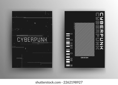 Set of cyberpunk futuristic poster set. Modern cyberpunk design for web and print template. Tech flyer with HUD glitchy elements. Abstract futuristic technology black and white design. Vector