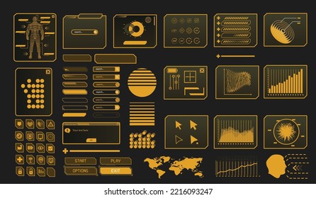 Set of cyberpunk HUD elements, retro sci fi video game gui, buttons, diagrams, windows, icons, search bar, board, loading progress bar, menu, character specs, health bar. Vector illustration