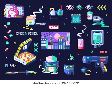 Set of cyberpunk icons. 8bit pixel art cyborg, electronics, food and drinks, cyber girl and cyborg punk. Retro gaming decorative elements. Vector futuristic collection.