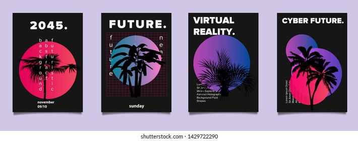 Set of cyberpunk/ retrowave/ vaporwave 80s-90s style futuristic posters with palm trees silhouette. Collection of covers for electronic modern music event. 