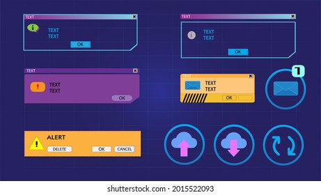 Set of cyberpunk style computer windows and futuristic interface HUD elements. Blue background with vintage grid