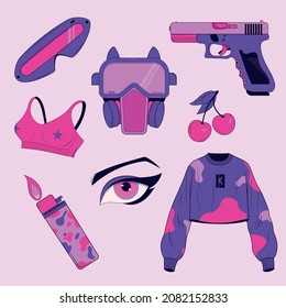 Un conjunto de stickers de estilo ciberpunk: chaqueta, máscara, gafas, superior, encendedor, cereza, ojo.