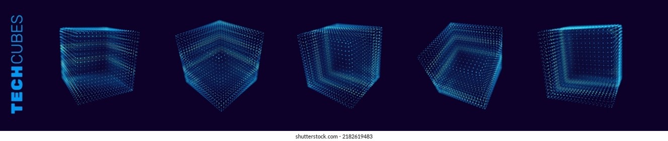 Set von 3D-Cubes der Cyberpunk-Technologie. Futuristische HUD Design Objekte. Konzept des Computerserver-Algorithmus-Arrays. Vektorgrafik von Cyber Game Design Elements. Teilchen Kuben.