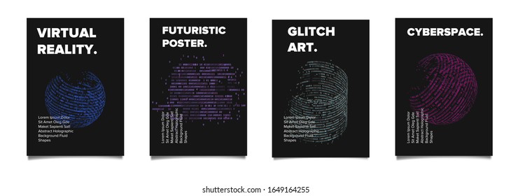 Set of cyberpunk/ vaporwave/ synthwave style futuristic posters with binary code and 3d figures. Collection of covers for hackathon or informational security event.