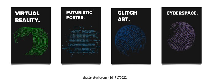 Set of cyberpunk/ vaporwave/ synthwave style futuristic posters with binary code and 3d figures. Collection of covers for hackathon, informational security or infosec event.