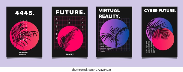 Conjunto de ciberpunk, vaporwave, afiches retrofuturistas al estilo de las ondas sintéticas con helechos y silueta de hojas de coco. Colección de portadas para la fiesta musical.