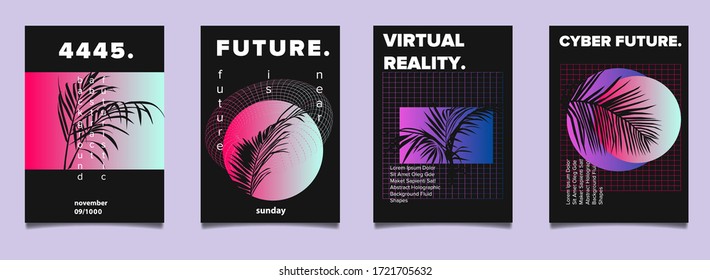 Set of cyberpunk, vaporwave, synthwave style retrofuturistic posters with ferns and coconut palm leaves silhouette. Collection of covers for music party event.