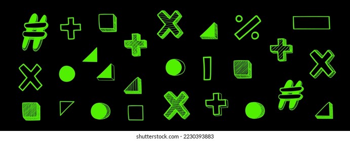 Set of cyberpunk various textured volumetric math symbols. Psychedelic retro futuristic collection. Surreal vector elements and signs in trendy psychedelic. Design elements in 80s style. 