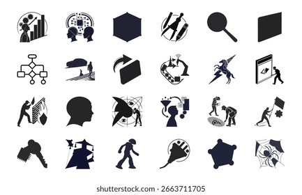 Conjunto de ícones de segurança cibernética, inteligência artificial e tecnologia - Conceitos de proteção de dados, aprendizagem automática, segurança de rede e inovação digital

