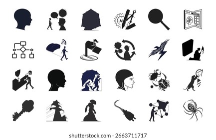 Set of Cybersecurity, Artificial Intelligence, and Technology Icons – Data Protection, Machine Learning, Network Security, and Digital Innovation Concepts

