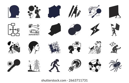 Set of Cybersecurity, Artificial Intelligence, and Technology Icons – Data Protection, Machine Learning, Network Security, and Digital Innovation Concepts

