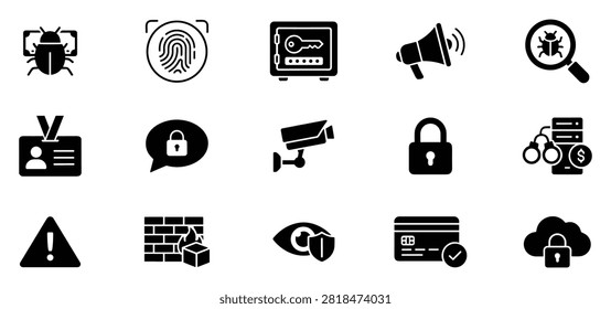 Set of cybersecurity and data protection icons including bug, fingerprint, safe, megaphone, magnifying glass, id card, chat lock, cctv, padlock, database crime, warning on transparent background