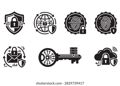 Set of cybersecurity and digital data protection vector icons with cybersecurity