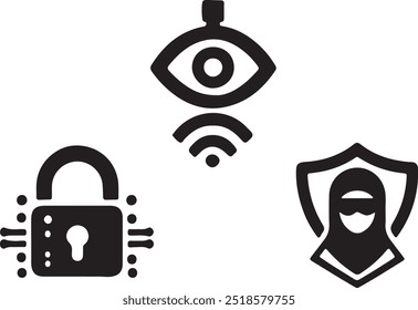 Conjunto de iconos de Elementos de ciberseguridad diseño de Arte vectorial de silueta.