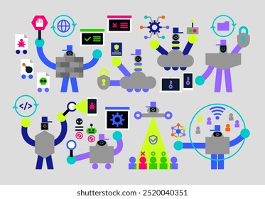 Conjunto de segurança cibernética Humanoids Plano Geométrico Personagem Design
