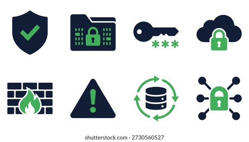 Set of cybersecurity icons including shield, encrypted folder, password key, firewall, warning sign, backup, and network security.