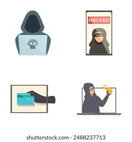 Set of cybersecurity threat icons featuring hacking. Hacker. Computer security. Internet safety. Digital crime. Cyber malicious activities. Data breach. Identity theft. Online fraud. Phishing