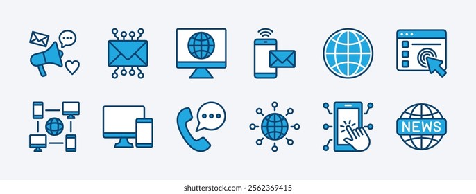 Set of cyberspace icon. Containing social media, electronic mail, website, web page, computer device, communication technology, news, network, blog, newsletter. Vector illustration