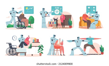 Set of Cyborg Help Old People, Mechanical Caregiver Assist to Disabled Senior Characters, Walk, Giving Medicine, Make Massage, Workout. Robot Assistant Elderly Care. Cartoon Vector Illustration