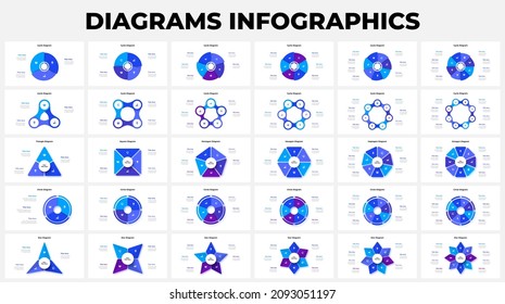 Conjunto de diagramas de ciclo con 3, 4, 5, 6, 7 y 8 opciones. Plantilla de diseño infográfico. Ilustración vectorial para la presentación empresarial.