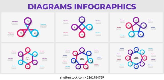 Set of cycle diagrams with 3, 4, 5, 6, 7 and 8 options. Infographic design template. Vector illustration for business presentation.