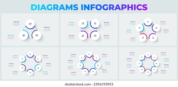 Set of cycle diagrams with 3, 4, 5, 6, 7 and 8 options or steps. Slides for business presentation. Circle abstract elements