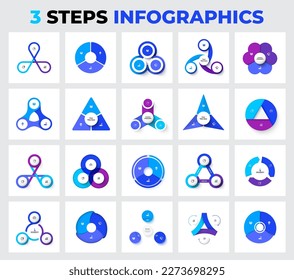 Set of cycle diagrams with 3 options, steps or processes. Circles, triangles and other abstract elements for infographic