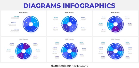 Set of cycle diagrams divided into 3, 4, 5, 6, 7 and 8 sectors. Infographic design template. Business data visualization.