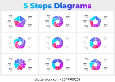 Set of cycle five step diagrams, ideal for business plans, process workflow, or educational purposes. Provides eye-catching visuals and text placeholders for professional presentations or outlines.