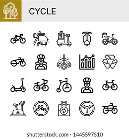 Set of cycle icons such as Park, Bicycle, Motorbike, Scooter, Vespa, Motorcycle, Biker, Hypnosis, Combination chart, Recycle, Bike, Tricycle, Cyclist, Stationary bike , cycle