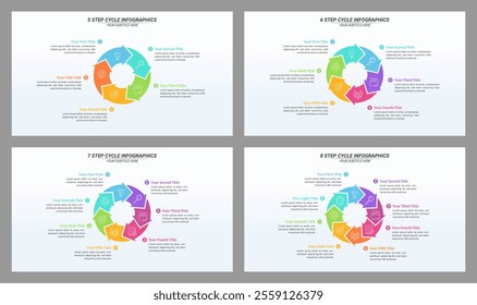 Set of Cycle Infographic from 5 up to 8 Steps on a 16:9 Layout for Business Presentation, Poster, Banner and Booklet.