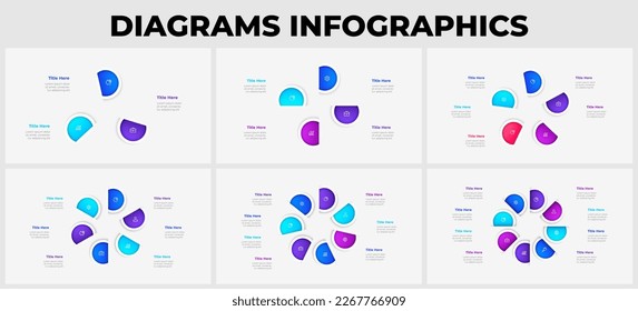 Set of the cycle infographic elements with 3, 4, 5, 6, 7 and 8 options
