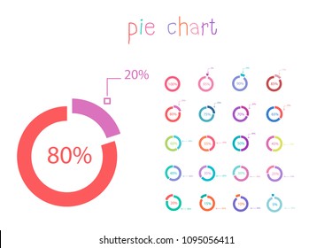 Set of cycle percentage flow diagrams, pie chart for Your documents, report, presentations for,infographics, 0 5 10 15 20 25 30 35 40 45 50 55 60 65 70 75 80 85 90 95 100 percent. Vector illustration.