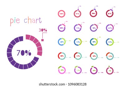 Set of cycle percentage flow diagrams, pie chart for Your documents, report, presentations for,infographics, 0 5 10 15 20 25 30 35 40 45 50 55 60 65 70 75 80 85 90 95 100 percent. Vector illustration.