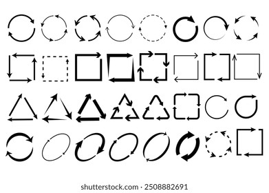 Conjunto de setas de rotação cíclica em desenho plano de desenho animado. Esta coleção contém formas e setas com foco em movimento circular e diferentes estilos, como círculos e quadrados. Ilustração vetorial.