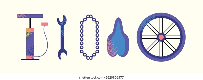 Set of cycling gear and accessories road bike, helmet, gloves, sunglasses, bottle, jersey, shorts, shoes, chain, saddle, wheels, socks. Flat vector illustration Cycling sport outdoor activity concept