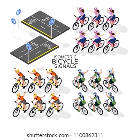set for cycling. Hand signals for cyclists, road signs for cyclists. isometric 3d