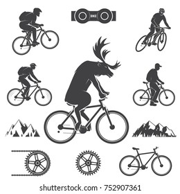 Set of cycling Mountain Bike Icons. Set include deer rides a bike, mens on the Mountain bikings and bicycle gear. Vector illustration. Extreme mtb sport icon.