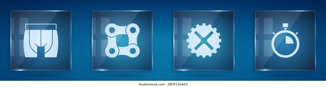 Set Cycling shorts, Bicycle chain, sprocket crank and Stopwatch. Square glass panels. Vector