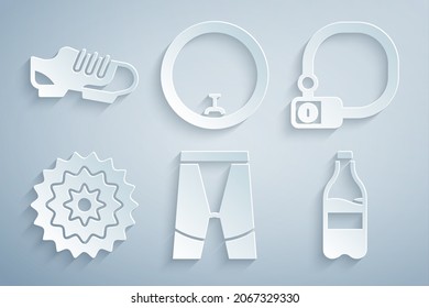 Set Cycling shorts, Bicycle lock, cassette, Sport bottle with water, wheel and shoes icon. Vector