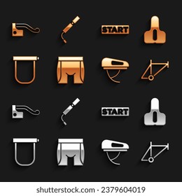 Set Cycling shorts, Bicycle seat, frame, helmet, lock, Ribbon finishing line, brake and air pump icon. Vector