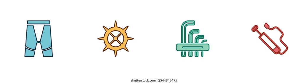 Definir calções de ciclismo, roda dentada de bicicleta, chaves de alelo de ferramenta e ícone da bomba de ar. Vetor