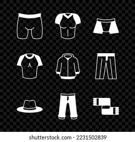 Set Cycling shorts, T-shirt, Men underpants, Man hat, Pants, Winter scarf,  and Hoodie icon. Vector