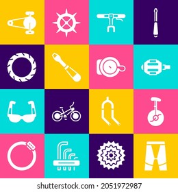 Set Cycling shorts, Unicycle one wheel bicycle, Bicycle pedal, handlebar, Screwdriver, tire, chain with gear and bell icon. Vector