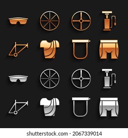 Set Cycling t-shirt, Bicycle air pump, shorts, lock, frame, wheel, Sport cycling sunglasses and  icon. Vector