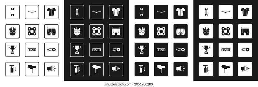 Set Cycling t-shirt, Bicycle chain, helmet, Wrench spanner, shorts, handlebar, with gear and Award cup bicycle icon. Vector
