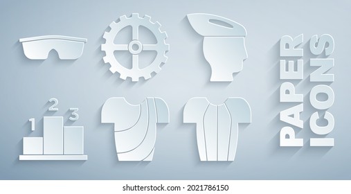 Set Cycling t-shirt, Bicycle helmet, Award over sports winner podium, sprocket crank and Sport cycling sunglasses icon. Vector