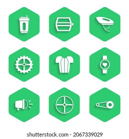 Set Cycling t-shirt, Bicycle wheel, chain with gear, Smart watch, head lamp, sprocket crank, helmet and Sport bottle water icon. Vector