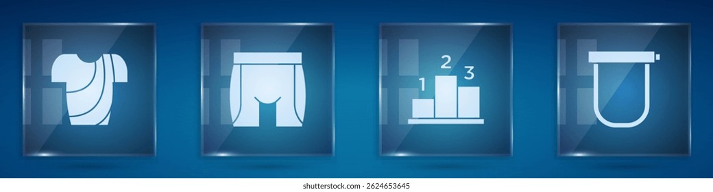 Set Cycling t-shirt, shorts, Award over sports winner podium and Bicycle lock. Square glass panels. Vector