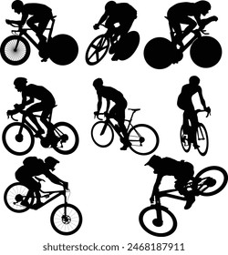 Set of cyclist silhouette illustration. Track cyclist full body. Road biker posing. Downhill biker jumping. People cycling in various pose.